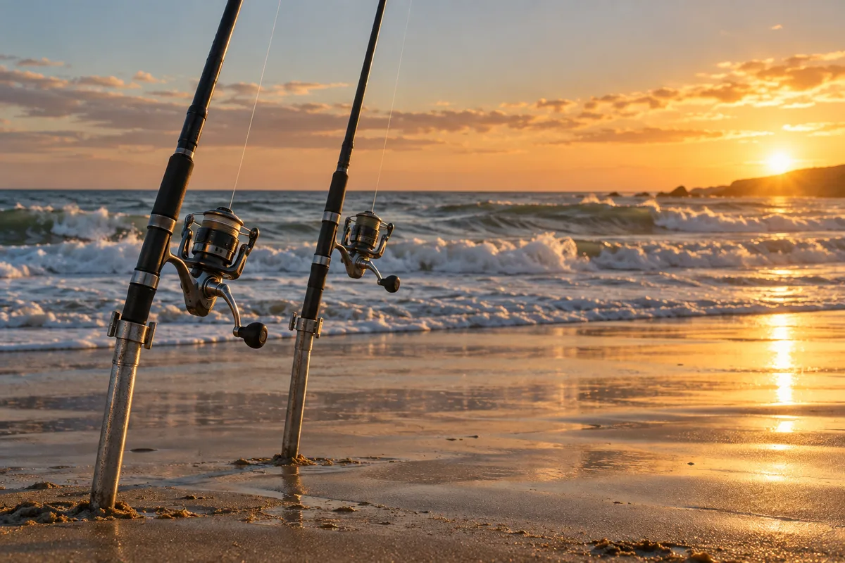 Cannes de surfcasting plantées sur un pic face aux rouleaux d&rsquo;une plage atlantique en fin de journée