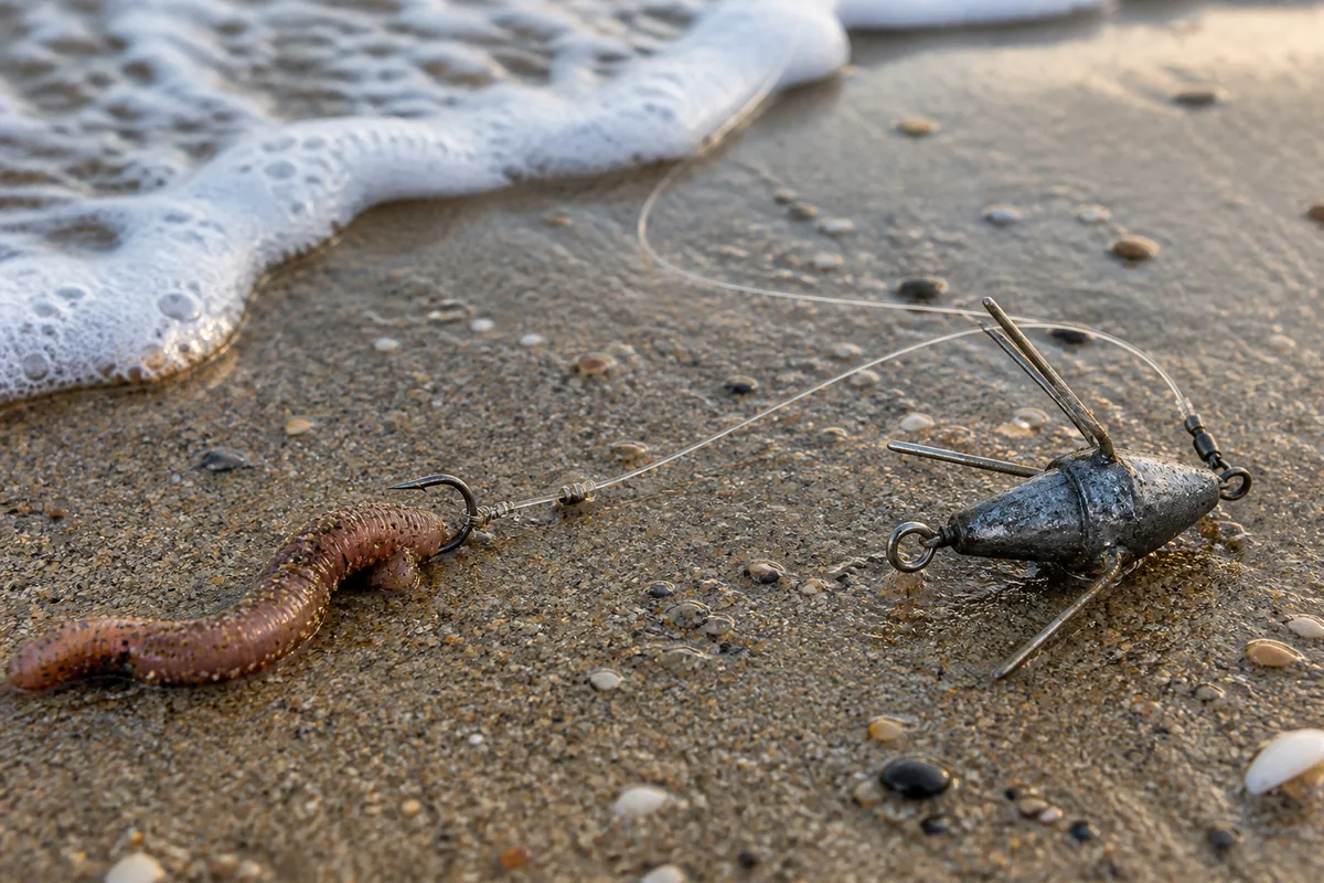 Montage de surfcasting avec hameçon garni de ver et plomb à griffes posé sur le sable mouillé
