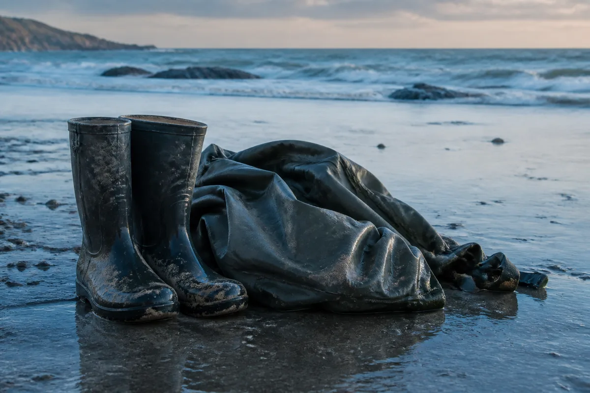 Paire de waders et bottes de pêche posées sur le sable humide au bord de l’eau