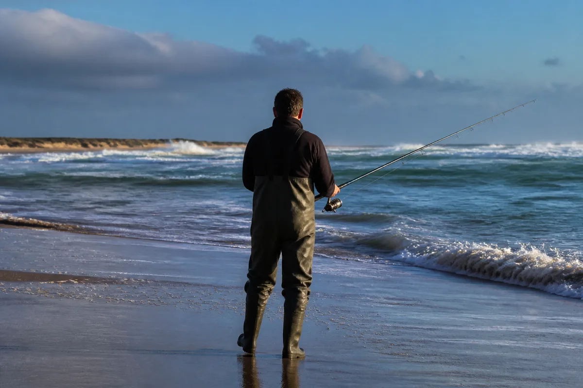 Pêcheur en waders debout sur le sable ferme au bord d’une baïne à marée montante