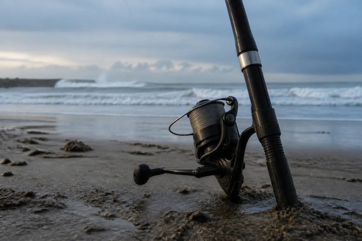 Moulinet de surfcasting posé sur le talon d&rsquo;une canne plantée dans le sable face à la mer