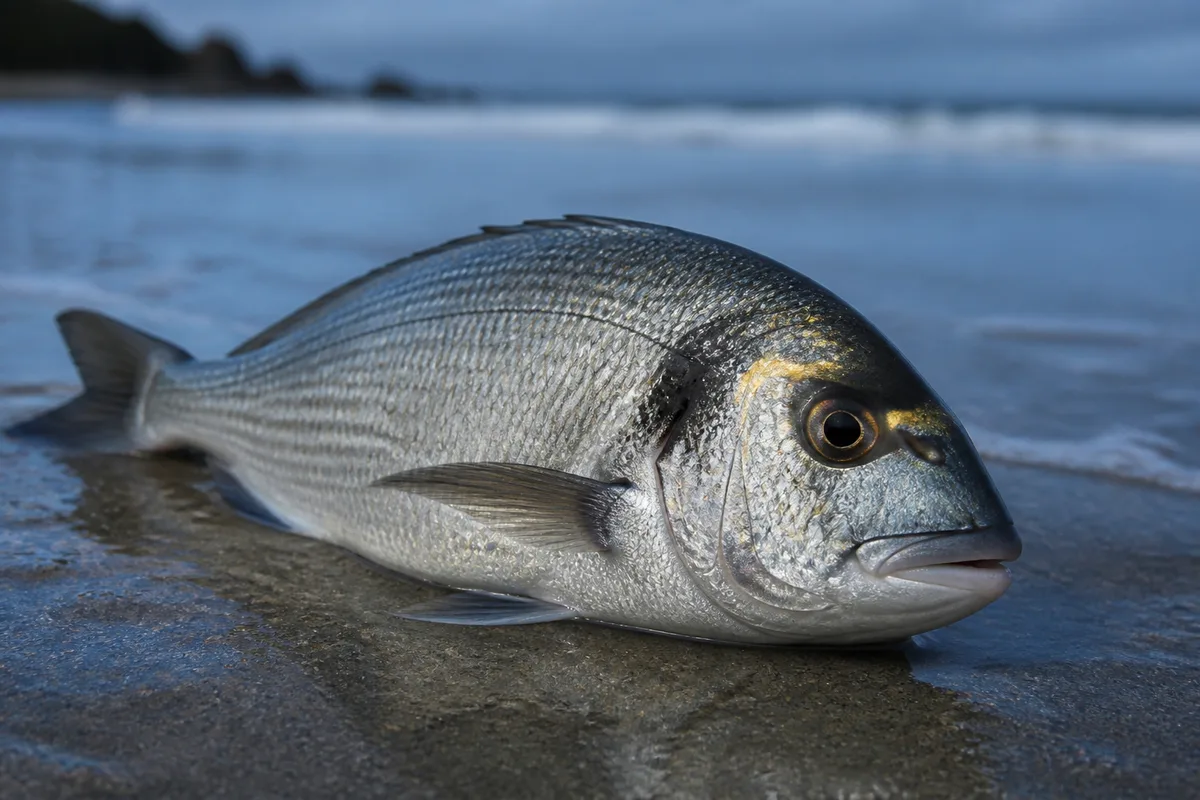 Daurade royale posée sur le sable humide avec sa bande dorée visible entre les yeux