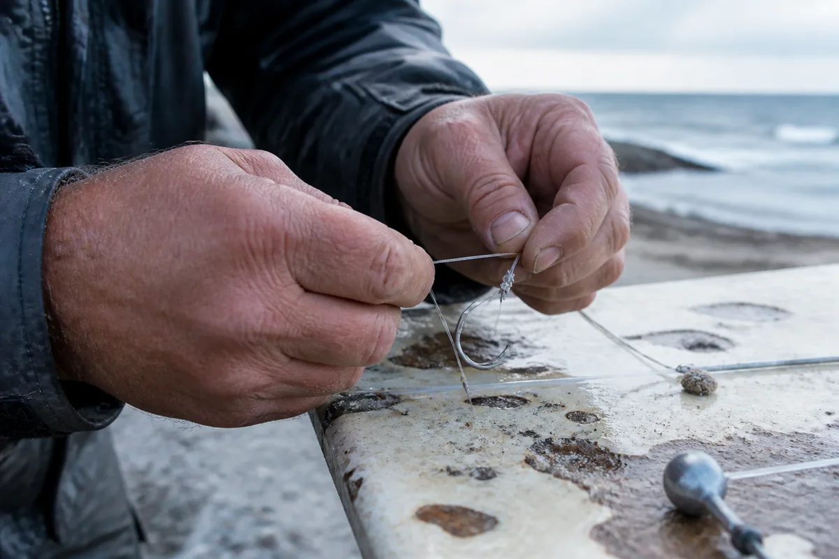 Mains d’un pêcheur serrant un nœud sur un hameçon, fil de nylon tendu au-dessus d’une table de montage