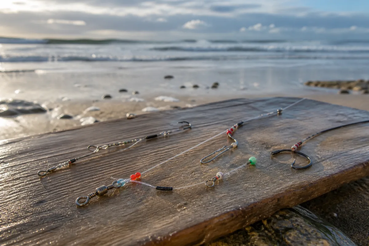 Bas de ligne de surfcasting posé à plat sur une planche en bois avec hameçons, perles et émerillons alignés