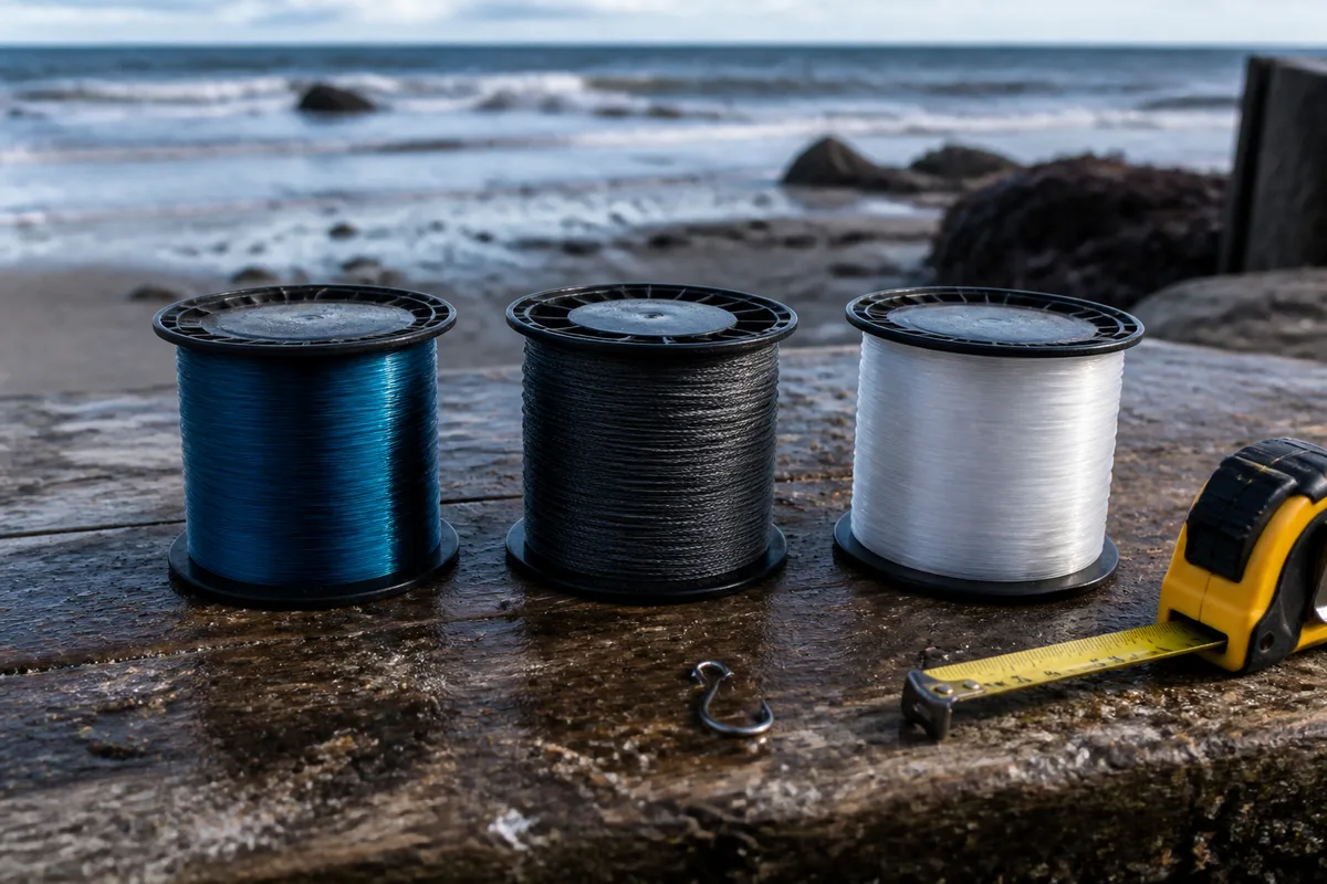 Trois bobines de fil de pêche alignées sur une table en bois avec un mètre à ruban et un hameçon