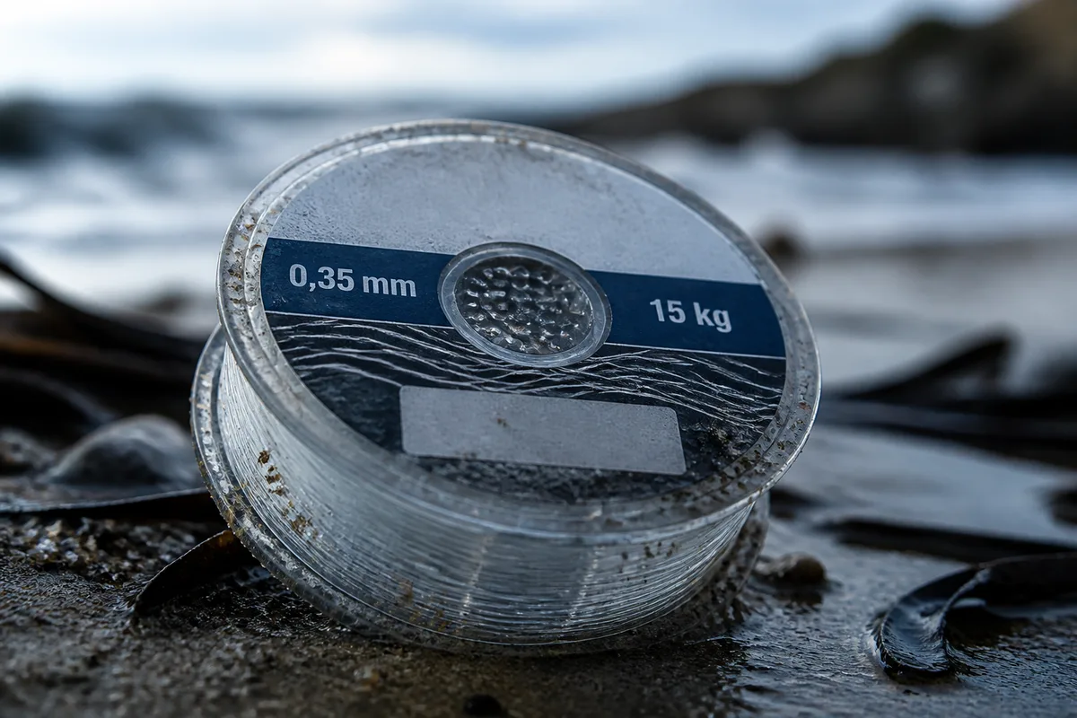 Gros plan sur l’étiquette d’une bobine de fil de pêche indiquant diamètre et résistance