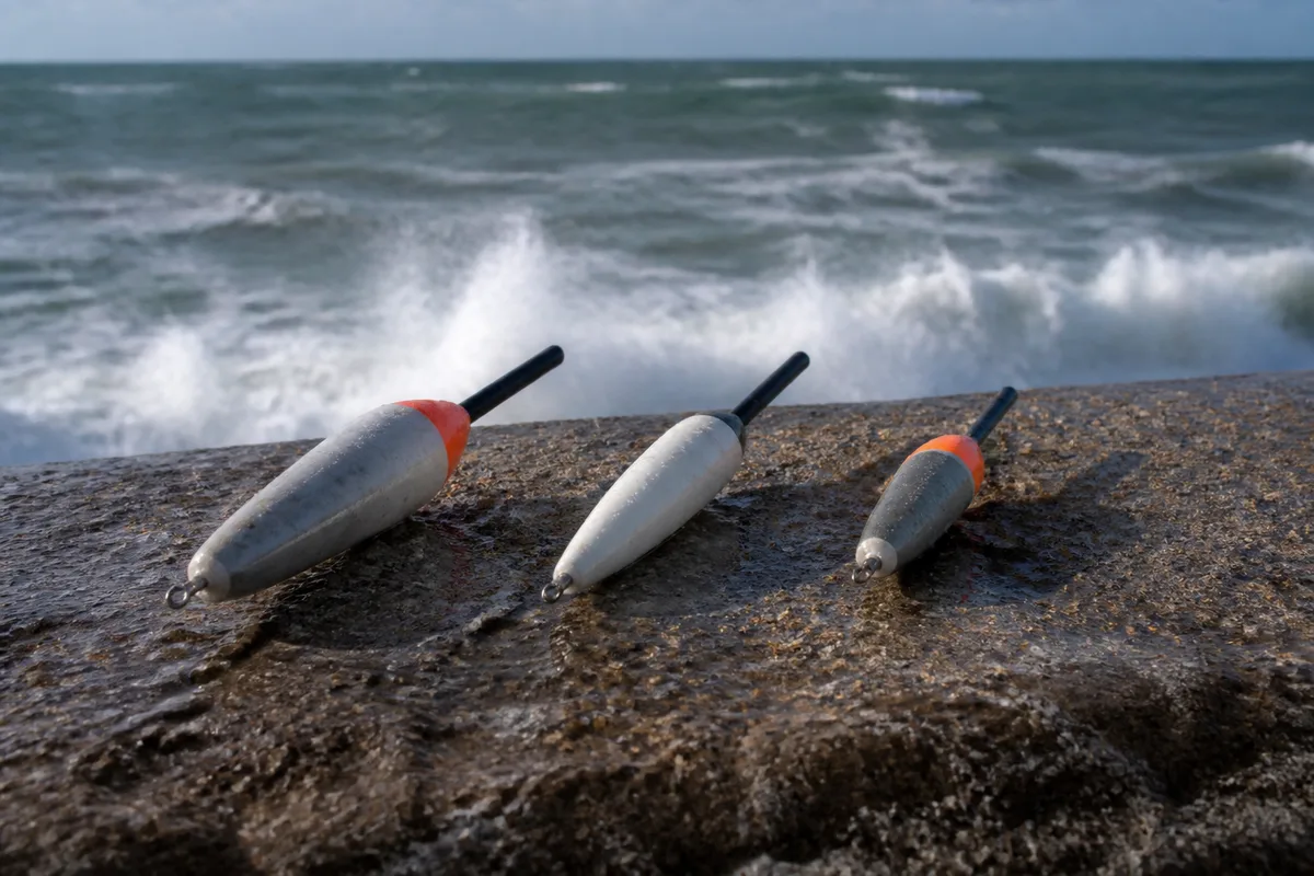 Trois bombettes de flottabilités différentes posées sur une margelle de digue face à la mer