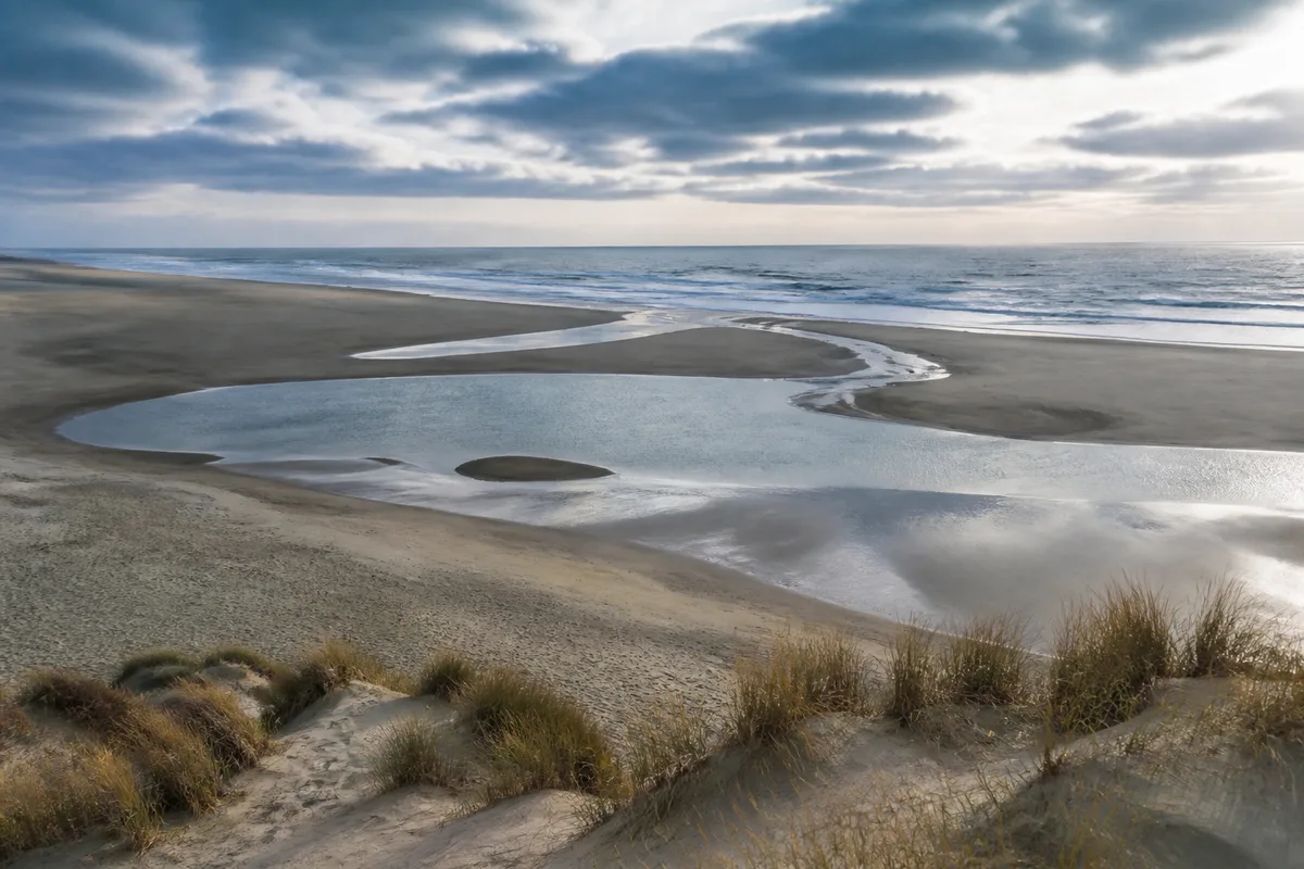 Vue depuis la dune d’une plage de sable avec une baïne et son chenal visibles à marée basse